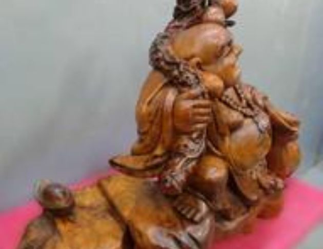 二手古董藝品 檜木92公分彌勒佛雕像 木雕藝術品 開運擺件 2