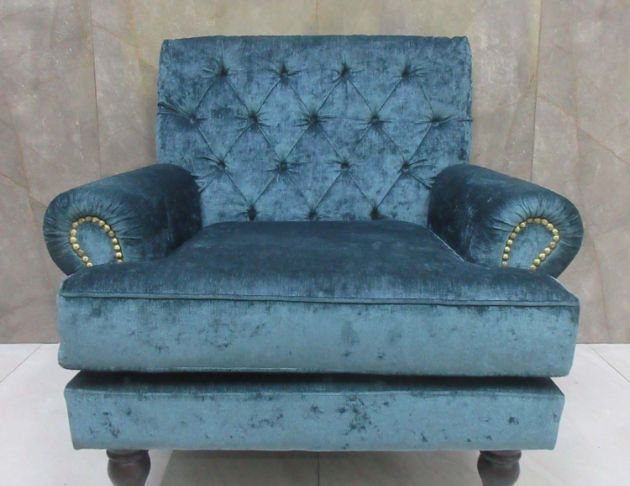 二手沙發 藍色92公分菱格歐式單人布沙發 單人椅 沙發椅 椅子