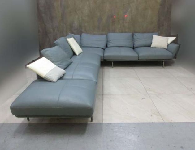 二手沙發 灰藍色298公分半牛皮L型沙發 客廳沙發 休閒沙發椅