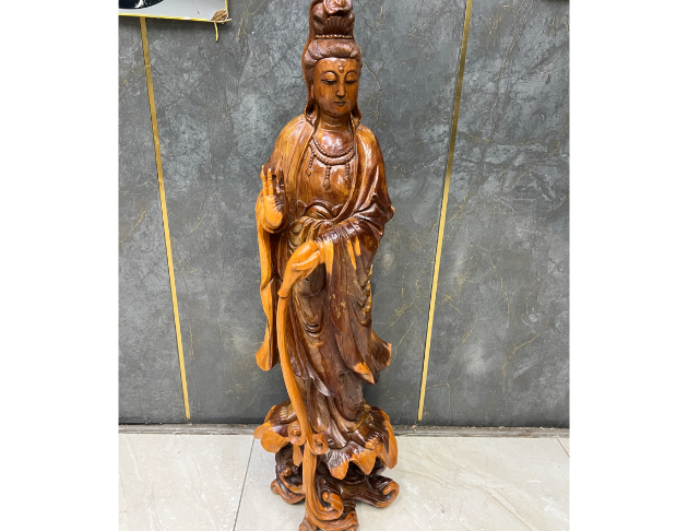 二手 紅豆杉原木 觀自在菩薩 灑水觀音像 木雕刻品 藝品