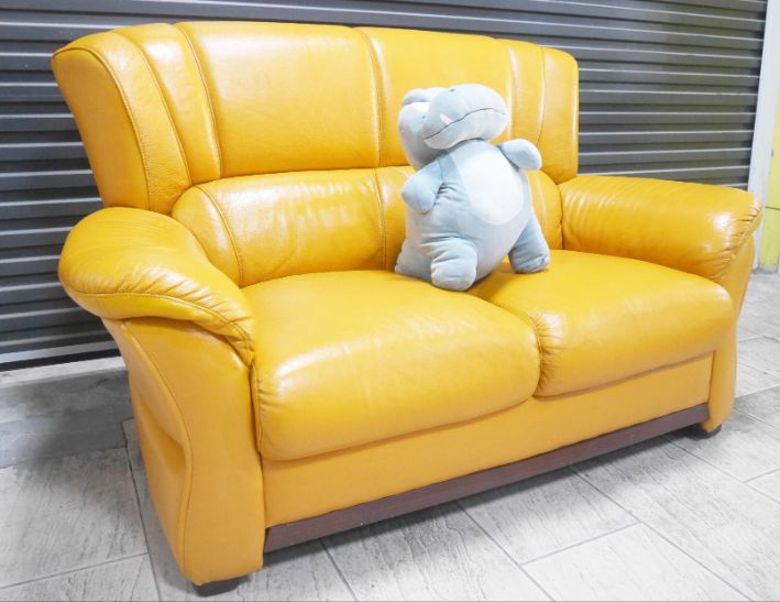 二手 皮沙發 黃色 半牛皮 雙人沙發 客廳沙發 租屋沙發
